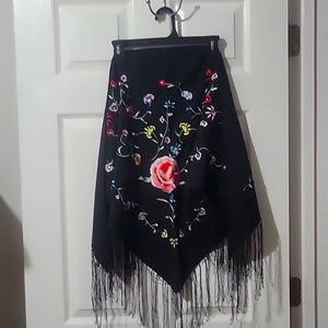 Shawl, black with floral embroidery